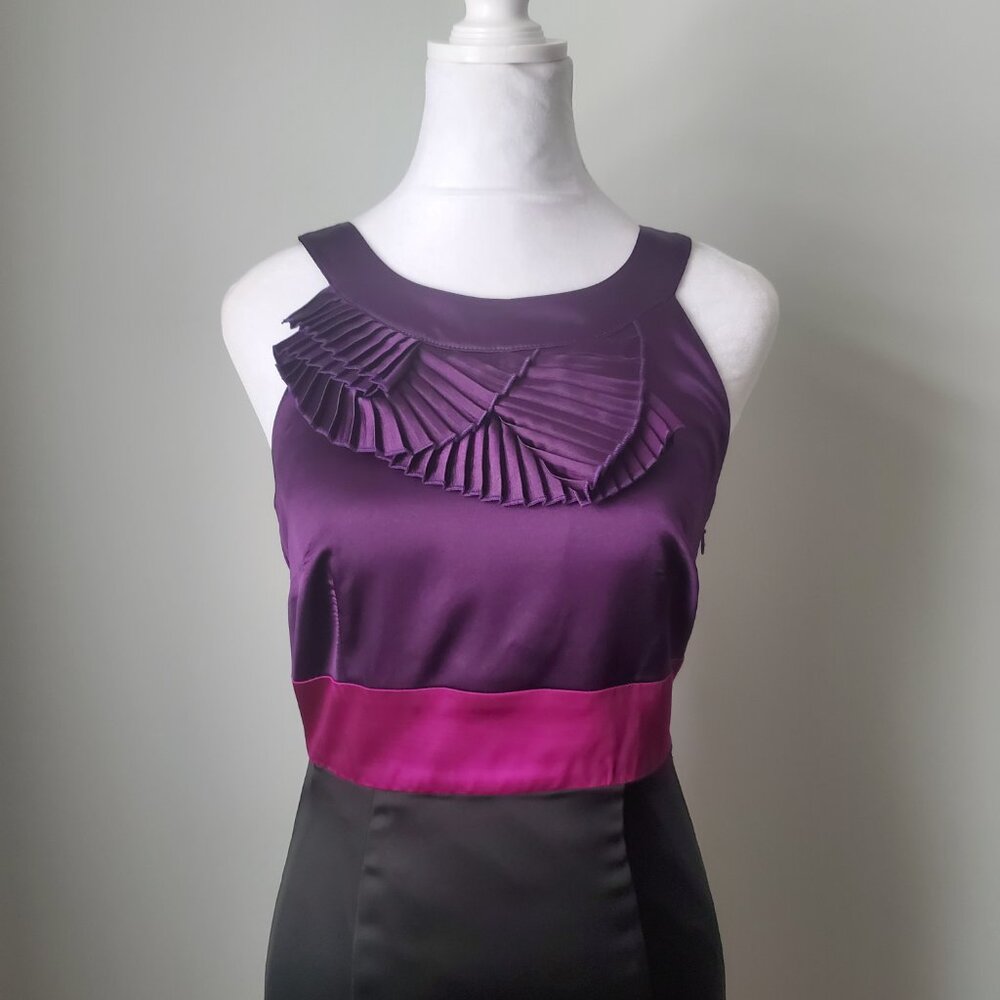 Y2K Colourblock Satin Dress Purple Pink Black Pleated Ruffle Neck Racer Back S